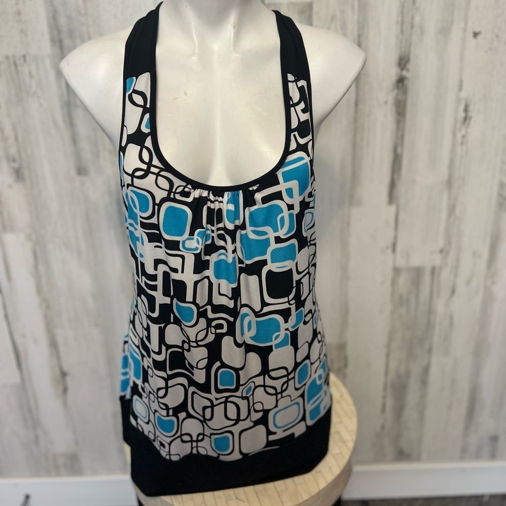 Retro Geometric Print Racerback Tank Top Womens Size Extra Large XL Teal Black M